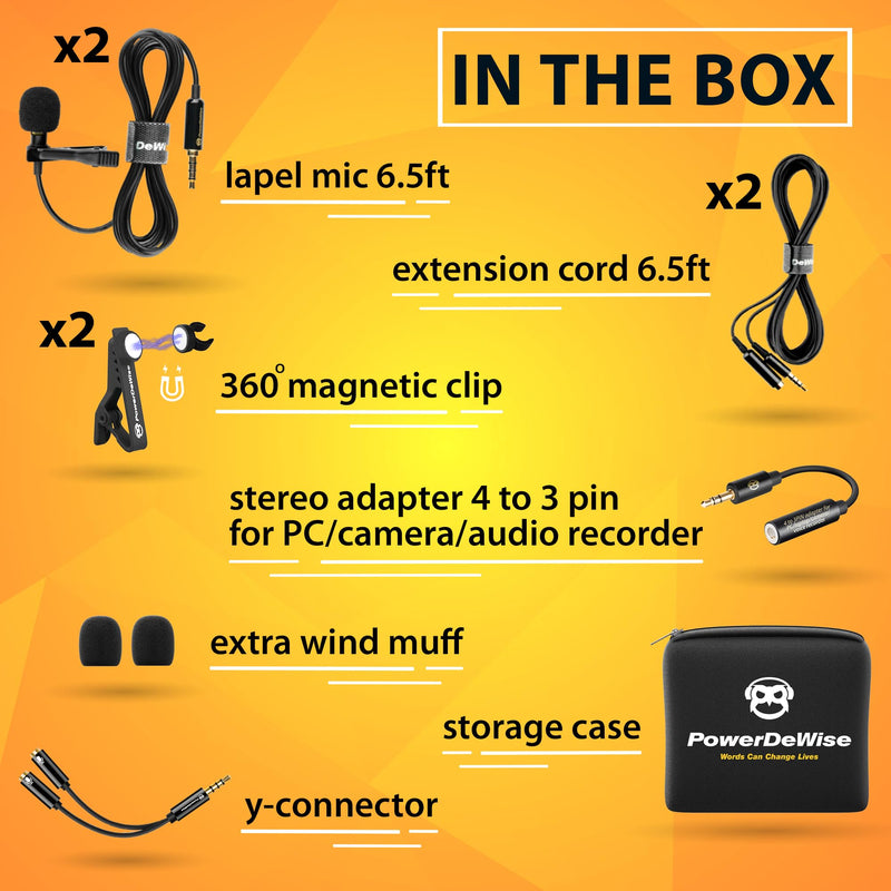PowerDeWise Professional Grade 2 Lavalier Clip-On Microphones Set for Dual Interview - Double Lav Lapel Microphone - Use for iPhone Phone Camera - Video Recording Noise Cancelling 3.5mm Mic Black