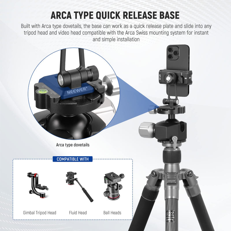 [AUSTRALIA] - NEEWER Metal Phone Tripod Mount Adapter with Arca QR Base, Cold Shoe, 360° Swivel 180° Tilt, Phone Holder Compatible with iPhone 15 Pro Max Galaxy S24 SP-02 