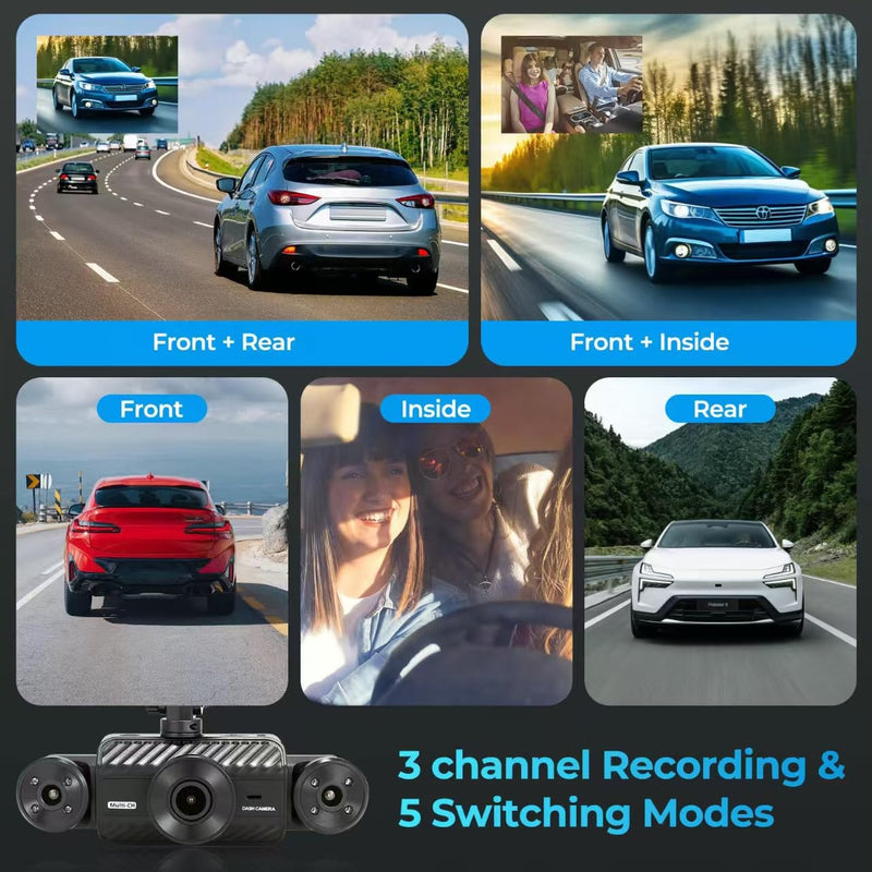 [AUSTRALIA] - 4 Channel Dash Cam 360° View, Include Front & Rear Left Right Camera Support 4 Way Recording, 32GB Card, 3” IPS Screen/Night Vision/WDR/24H Parking/G-Sensor（2G/4G/8G / 3 Split Screen (4 Channel) 