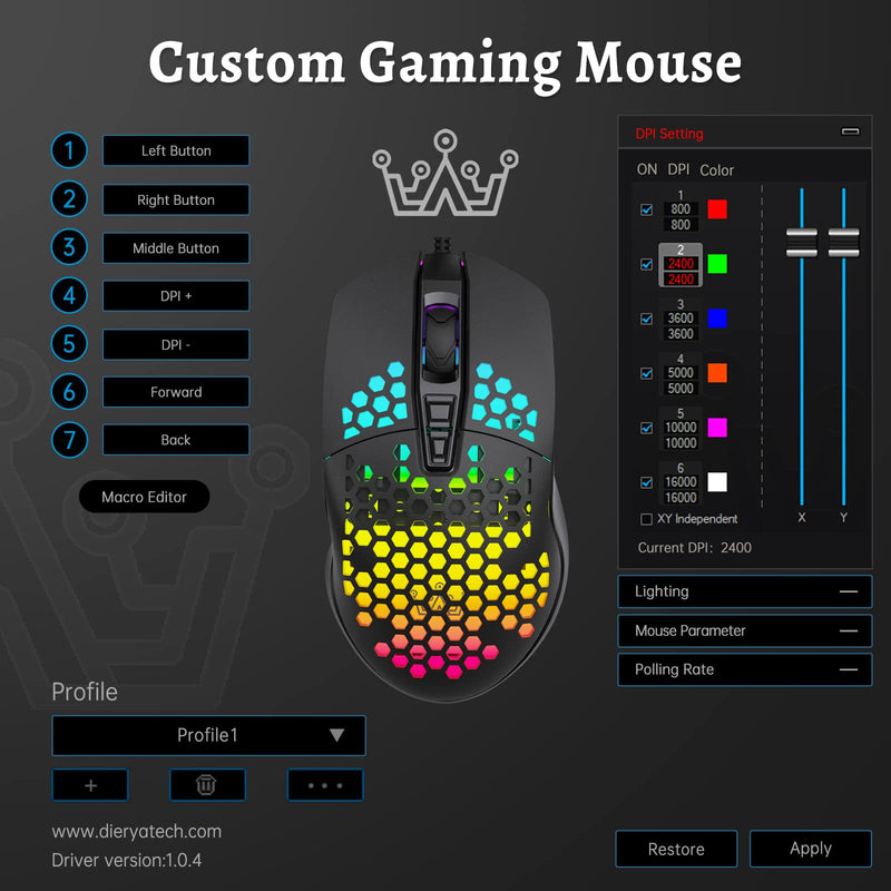 DIERYA Falcon Honeycomb Gaming Mouse, 16000 DPI Optical Sensor, 70g Ultra-Lightweight RGB Backlit Ergonomic Wired Mouse with 7 Buttons Programmable Driver for Windows PC Gamer Designer (White) white