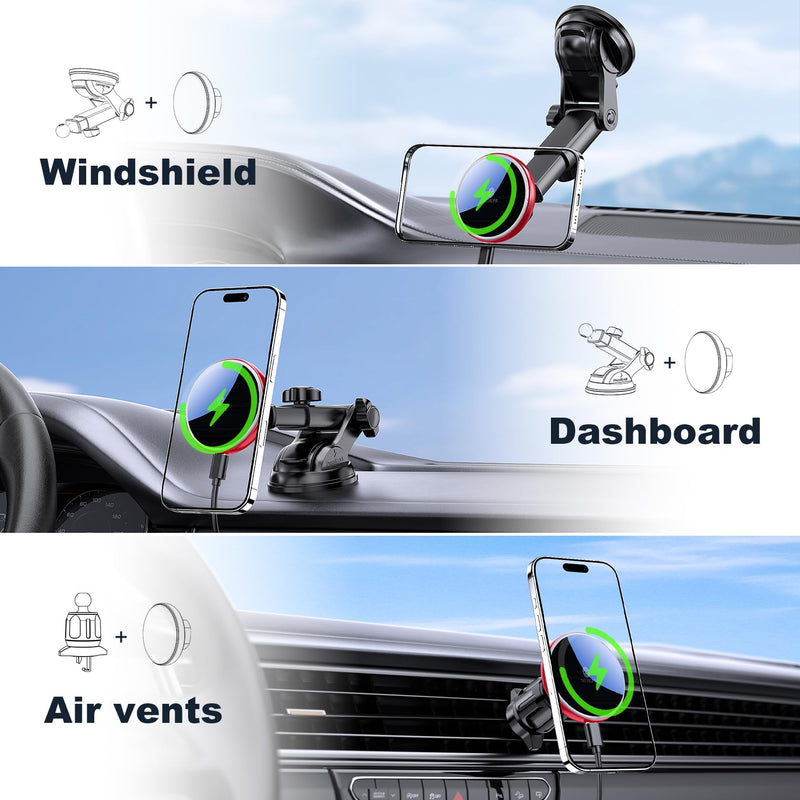 for Mag-Safe Car Mount Charger Dash Windshield Vent Magnetic Phone Holder | Wireless Car Charger with LED Light Car Phone Holder for iPhone 17 16 15 14 13 12 Series for MagSafe Red