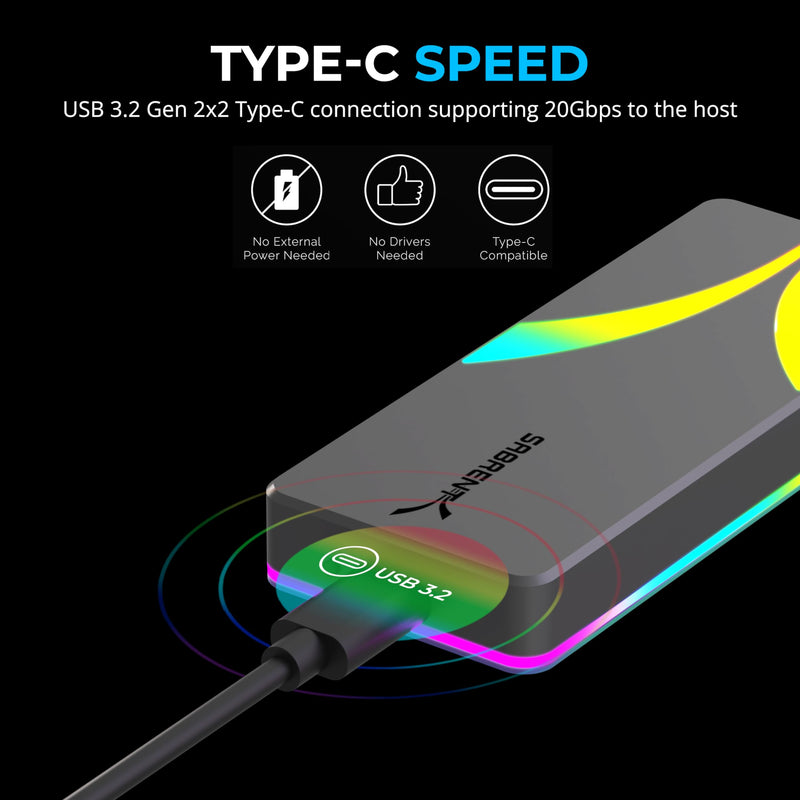 SABRENT Rocket RGB NVMe & SATA M.2 SSD Enclosure, 20Gbps (EC-RGBG) | USB-C 3.2 Gen 2x2 20Gbps; tool-free; UASP; RGB LED; aluminum; 2230-2280; plug & play Multicolor