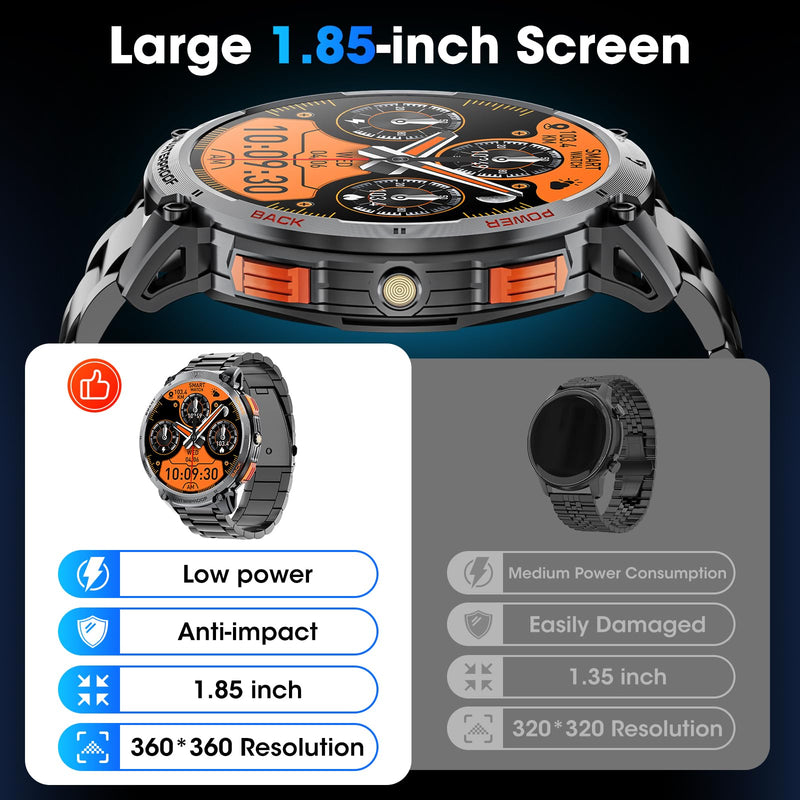 Military Smart Watch for Men 1.85" HD Touch Screen 730mAh Battery Smart Watches with LED Flashlight for Android iOS （Bluetooth Call Answer/Dial Calls） Fitness Tracker with Heart Rate Blood Obsidian Black