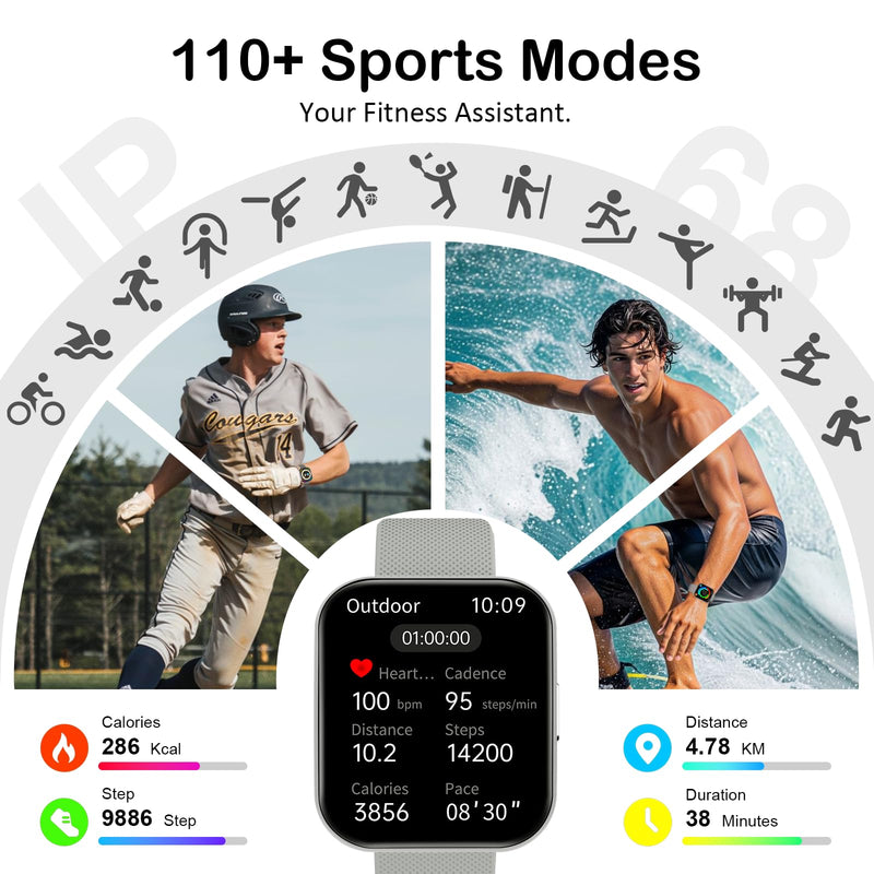 Smart Watch for Men Women, Bluetooth Calls, AI Dial,AI Q&A,1.85" HD AMOLED Curved Display Fitness Watch with Heart Rate/SpO2/Stress Monitor, Pedometer,110+ Sports Waterproof IP68 Smartwatch,Light Gray