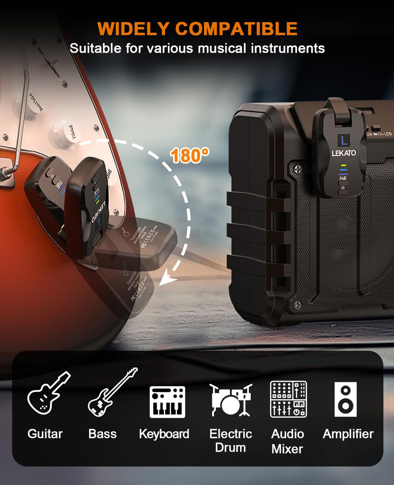 LEKATO 2.4Ghz Wireless Guitar System Exclusive Mute Plug for Electric Guitar Bass, Audio Wireless Guitar Transmitter and Receiver with 18 Channels Rechargeable Guitar Wireless System for Guitar