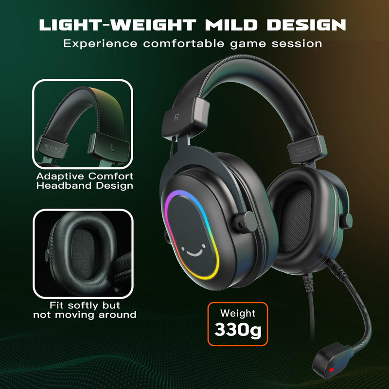 FIFINE Gaming Headset for PC-Wired Headphones with Microphone-7.1 Surround Sound Computer USB Headset for Laptop, Streaming Headphones on PS4/PS5, with EQ Mode, RGB, Soft Ear Pads - AmpliGame H6 Black