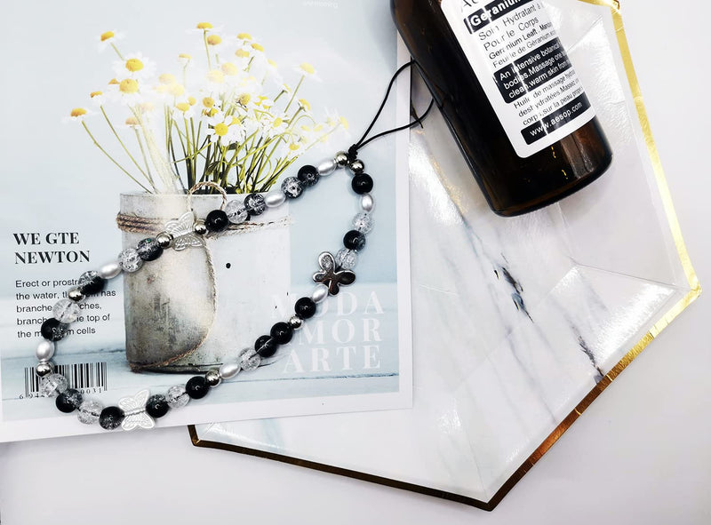 1-2 PCS Butterfly Y2K Beaded Phone Charm Black White Purple Blue Green Cute Charms Cell Phone Lanyard Strap Handmade Acrylic Flower Wrist Beads Chain Sweet Gifts for Girls Women Black Butterfly