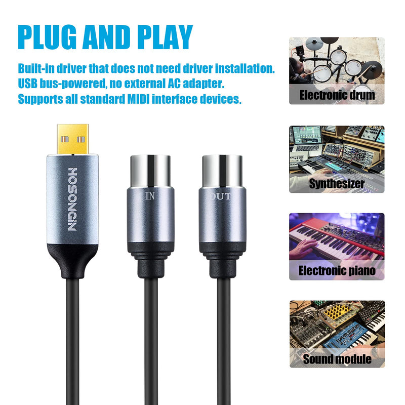 HOSONGIN MIDI to USB Cable 6 Feet, USB to 5-PIN MIDI Interface Adapter Connecting with Keyboard Synthesizer Drum for Editing Recording 5PIN-MIDI to USB