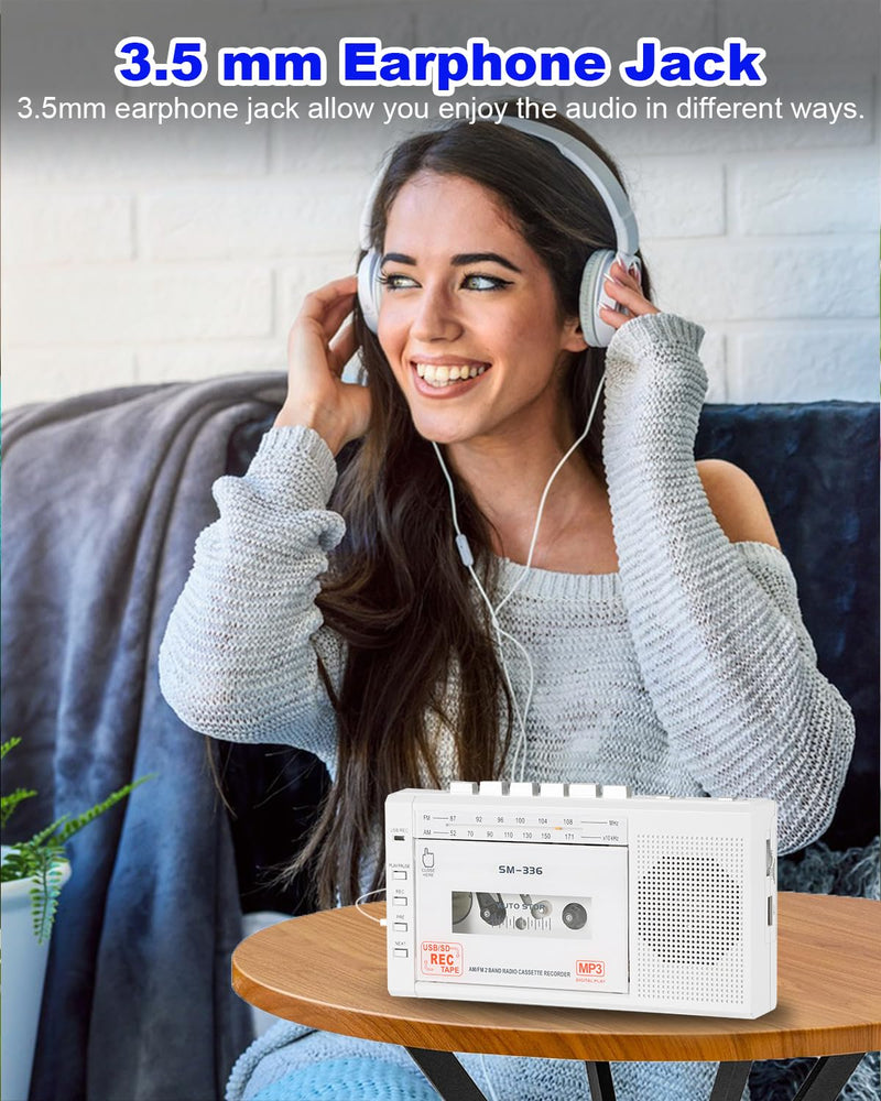 [AUSTRALIA] - Portable Cassette Tape Player to Digital Converter via USB/SD Card, Record to Cassette/U Disk/SD Card via Mic, Power by AC or AA Battery, Portable Cassette Recorder with Speaker and Headphone Jack White 
