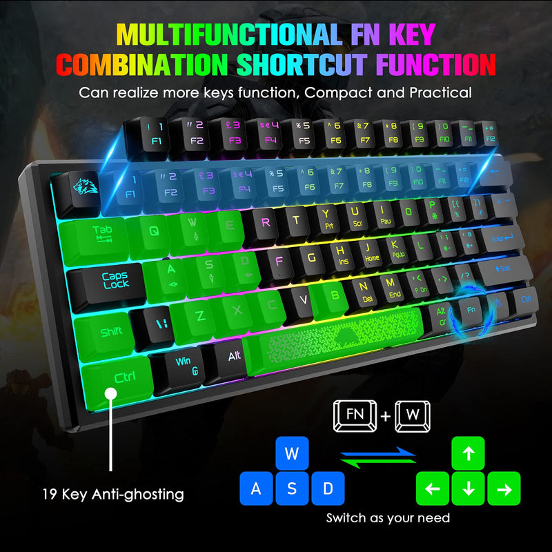 ZIYOU LANG K61 60% Gaming Keyboard Mini Portable with Rainbow RGB Backlit Ergonomic 62Key Layout 19Key Anti-ghosting Mechanical Feel Waterproof USB Wired for PC Mac Windows Gamer Laptop Typists(Black) Black