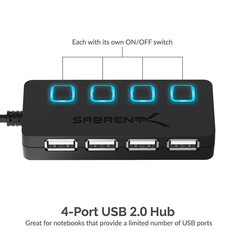 SABRENT 4-Port USB 2.0 Hub with Individual LED lit Power Switches + [6-Pack] 22AWG Premium Micro USB Cables (X3-3ft + X3-1ft) High Speed USB 2.0 A Male to Micro B Sync and Charge Cables