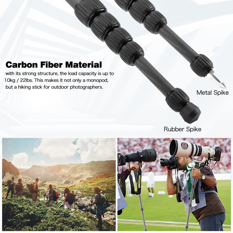 Koolehaoda 62" Camera Monopod 6 Section Compact Carbon Fiber Unipod | Extendable Photography Monopod with Phone Holder for DSLR Mirrorless Cameras Video Camcorder Max Load 10kg/22lbs Carbon Fiber Monopod