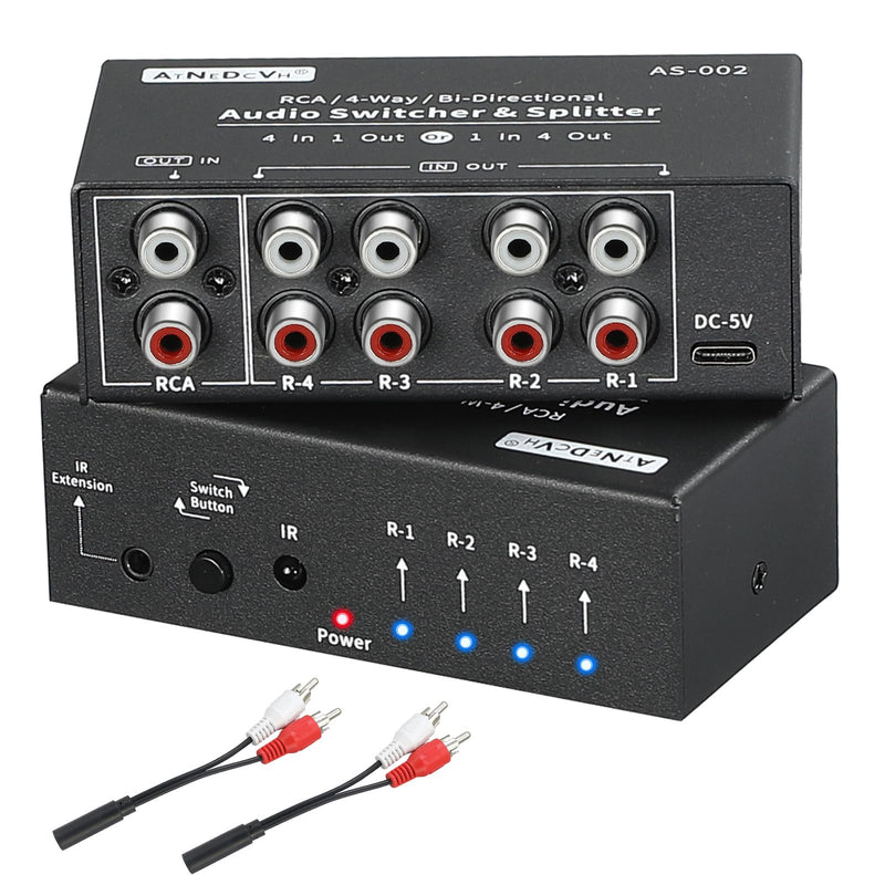 [AUSTRALIA] - RCA 4-Way Bi-Directional Audio Switcher Splitter, 1 in 4 Out / 4 in 1 Out Stereo L/R Sound Channel Audio Switch Selector Splitter Box with Remote Control for Speakers Headphones Amps (Black) 