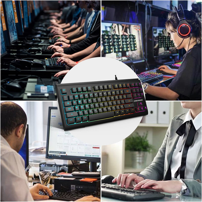 Rainbow LED Backlit 87 Keys Gaming Keyboard, Compact Keyboard with 12 Multimedia Shortcut Keys USB Wired Keyboard for PC Gamers Office