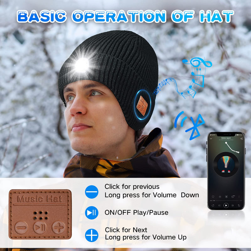 Bluetooth Beanie Hat with Light and Headphones, Built-in Microphone and Stereo Speakers Upgrade Music Knitted Hat, Unisex USB Rechargeable Headphones Music Hat (Black)