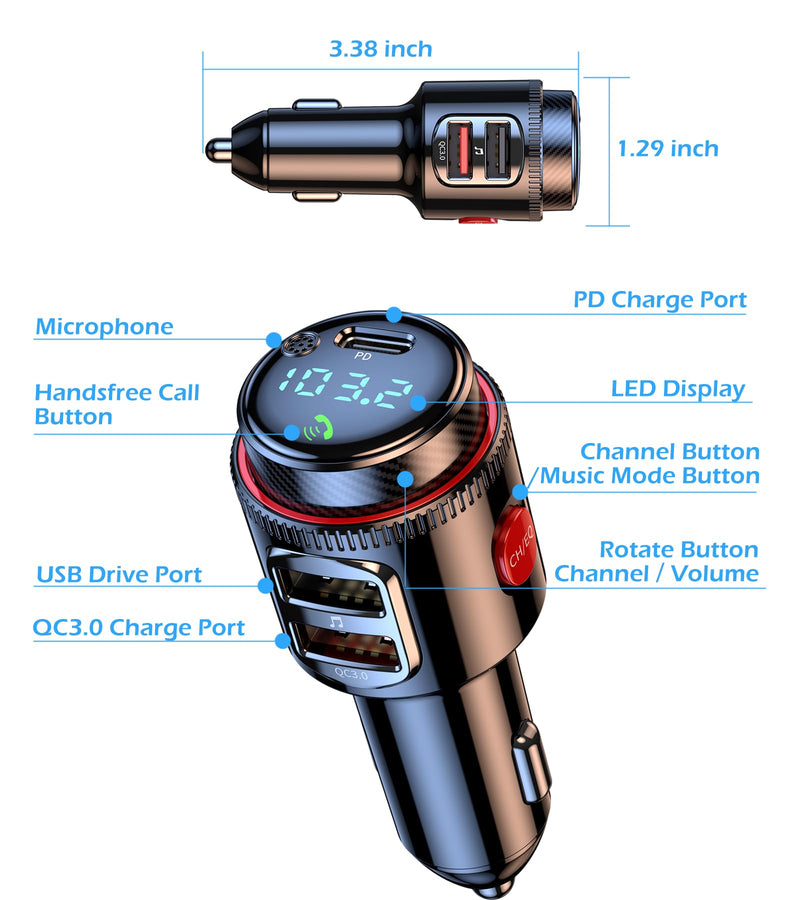 [AUSTRALIA] - LIHAN Bluetooth 5.4 Car FM Transmitter, Wireless AUX Adapter with USB-C PD 30W & QC3.0 18W Dual Fast Charging, HiFi Bass EQ, CVC Hands-Free Calls, Siri/Google Assistant, 12V/24V Cars/Trucks/Vans 