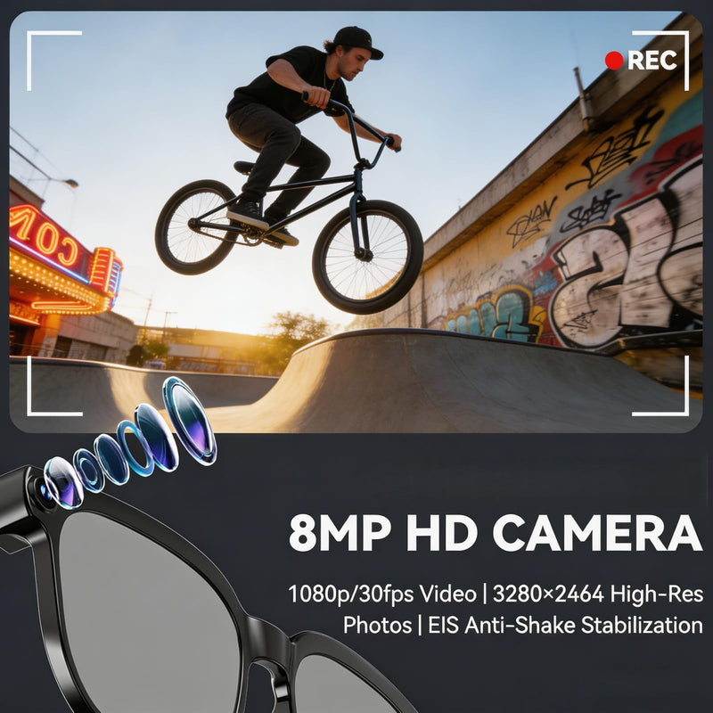 AI Smart Glasses with Camera, 8MP 4K/1080P Video Recording Glasses, Real-Time Translation, AI Voice Assistant & Object Recognition, Open-Ear Audio, Photochromic UV400 Lenses for Travel & Business