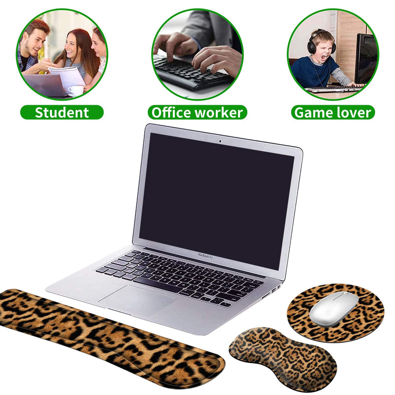 Ergonomic Keyboard Wrist Rests Gel Memory Foam Mouse Pad with Round Mousepad + Coasters, Wrist Support Set with Non Slip Base for Gaming Office Laptop Easy Typing & Pain Relief, Leopard Print