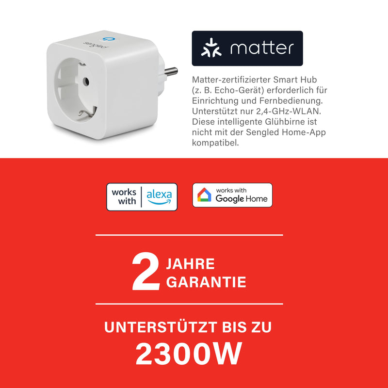Sengled Smart Plug Matter Works with Alexa Instant Pairing Supports up to 2300W Matter Compatible Platform Required 2.4GHz WiFi 1 Pack