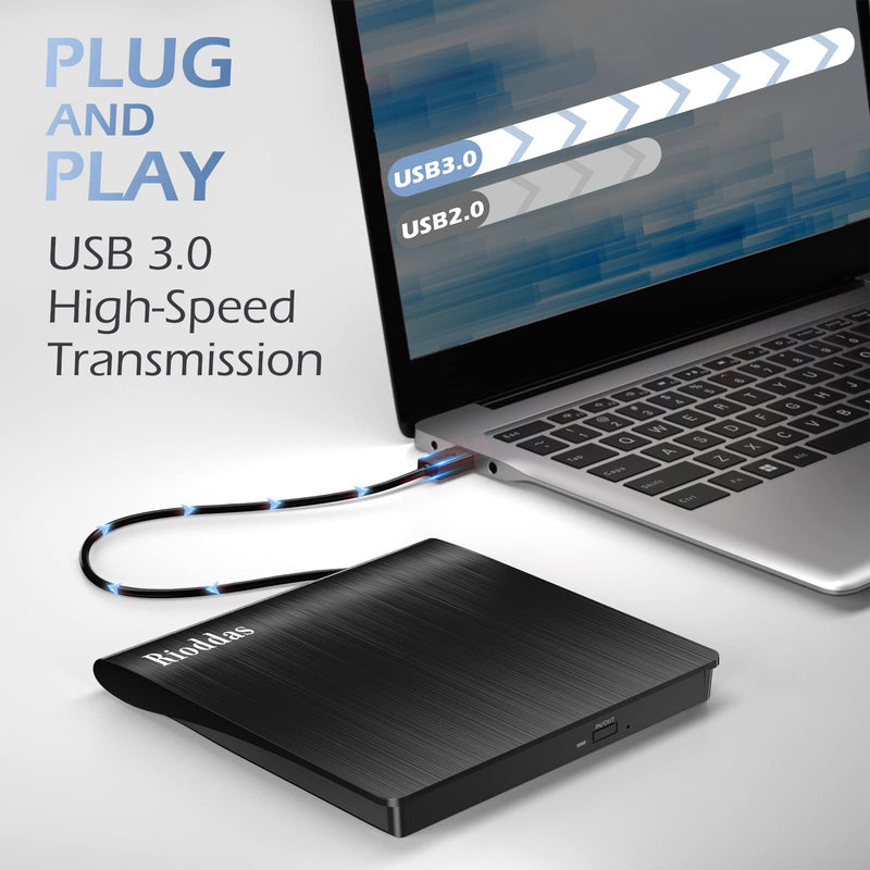[AUSTRALIA] - Rioddas External CD/DVD Drive for Laptop, USB 3.0 CD DVD Player Portable +/-RW Burner CD ROM Reader Writer Disk Duplicator Compatible with Laptop Desktop PC Windows Apple Mac Pro MacBook Linux USB 3.0 USB-A 