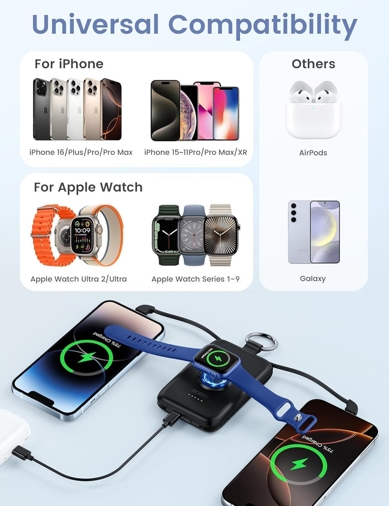 RORRY Portable Charger, 10000mAh PD 20W Fast Charging Portable Charger Power Bank with Built in Cables, Travel Battery Pack for iPhone 16/15/14/13/12 and Apple Watch Ultra/9/8/7/6/5/4/3/2, Black