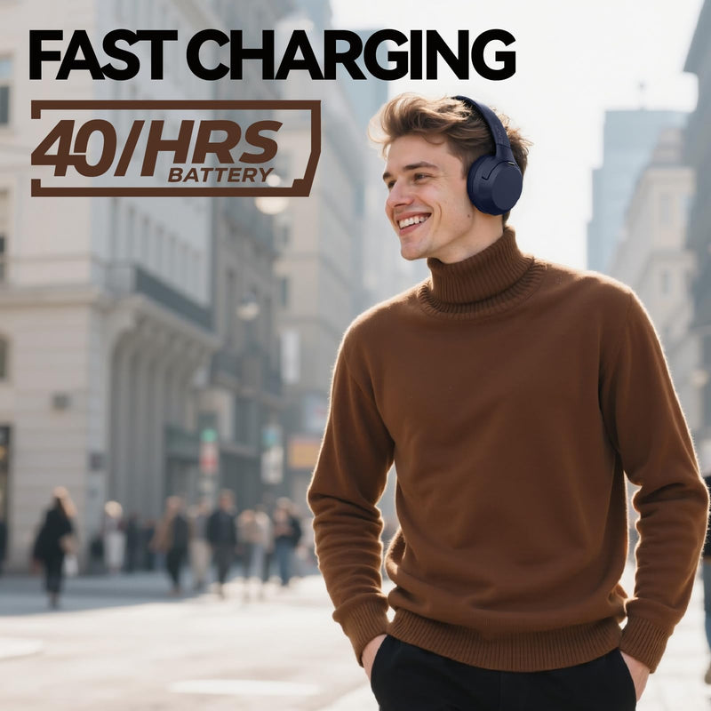 Hybrid Active Noise Cancelling Headphones, Wireless Over Ear Bluetooth Headphones with Mic, 40H Playtime, Hi-Res Audio, Deep Bass, Foldable Comfort Fit Ear Cups for Travel, Office, Home (Blue) Blue