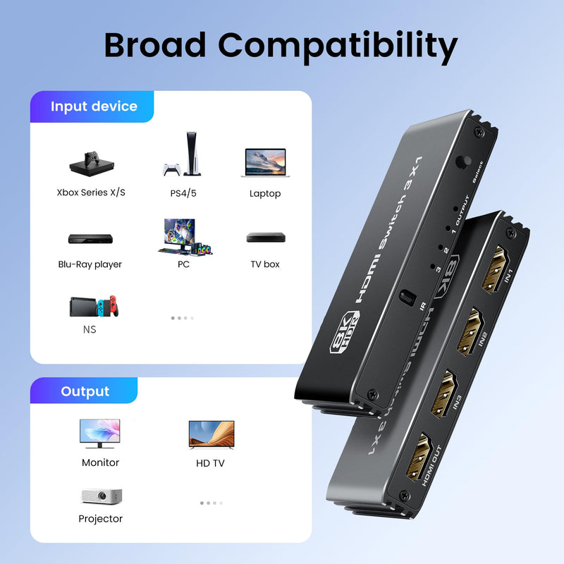 NEWCARE 3 Ports HDMI 2.1 Switch Box 4K@120Hz, HDMI 2.1 Splitter 3 in 1 out with Remote & Auto-Switching, HDMI selector switch Support VRR ALLM HDR 3D Audio, for PS5, Xbox, PC, Streaming Device 3x1 4K@120Hz