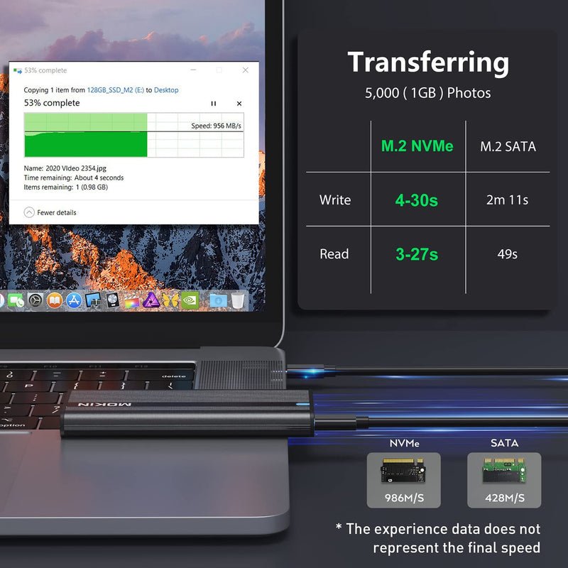 MOKiN M.2 NVME SATA SSD Enclosure Adapter Tool-Free, RTL9210B Chips, USB C 3.1 Gen 2 10Gbps NVME, 6Gbps SATA PCIe M-Key(B+M Key), External Solid State Drive Support UASP Trim for 2242/2260/2280 SSD