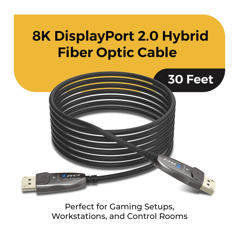 OREI 8K DisplayPort 2.0 AOC Cable 30ft – 54Gbps, 8K@120Hz, 4K@240Hz, VRR | DisplayPort over Fiber with Active Optical technology, EMI-free signal, HDR10+, Dolby Vision & gold-plated connectors