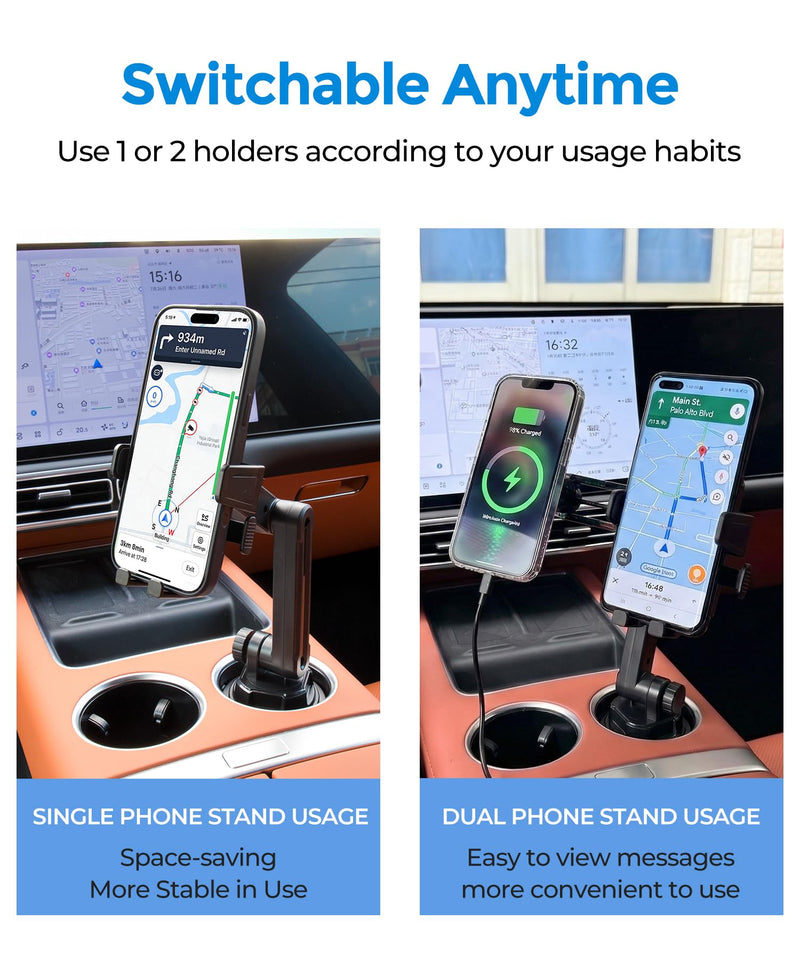 Qi2.2 25W Dual Cup Holder Car Charger with Phone Mount, Holds 2 Phones | Qi2.2 25W Dual Cup Phone Holder Car Charger, MagSafe Compatible, Holds 2 Phones Simultaneously, Fits 4-7.2" Smartphones Clamp & Charger