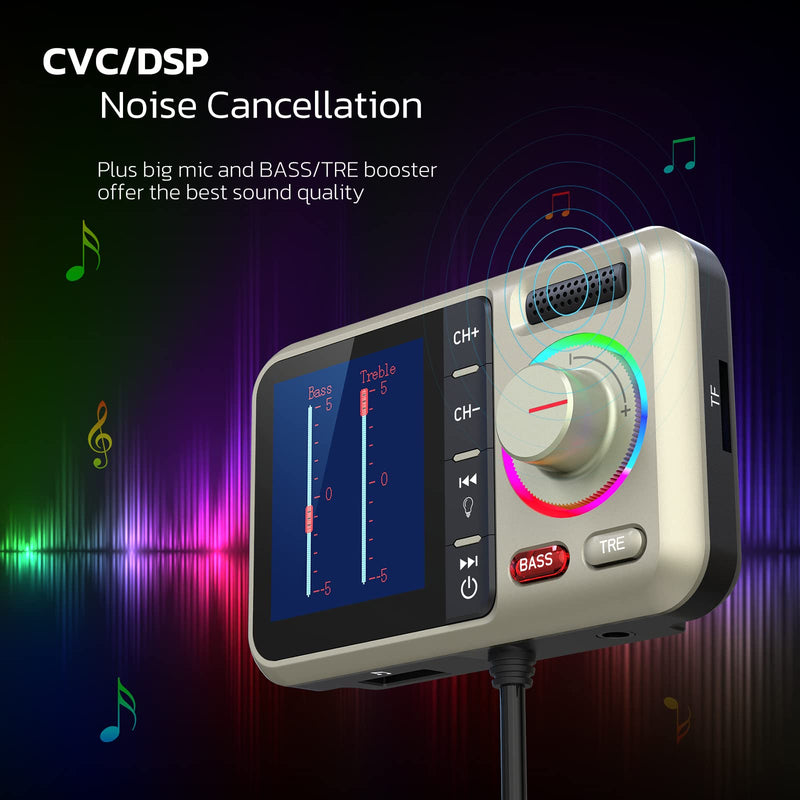 Nulaxy Bluetooth FM Transmitter for Car, Wireless Car Bluetooth Adapter with Big Color Screen, Support QC3.0 Fast Charging, Hands-Free Call, MP3 Music Player BASS&TRE Booster, TF Card/AUX-KM28 Yellow