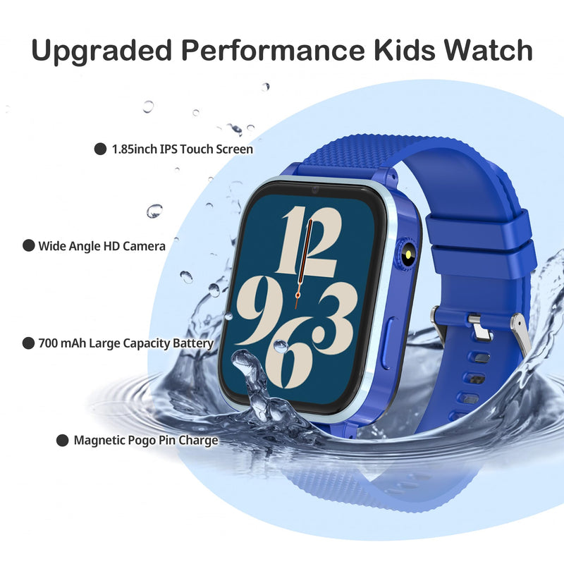 Kids Watch with GPS Tracker, 4G Kids Smart Watch Boys Age 5-12, Kid Cell Phone Watch with SOS Video Call Voice Chat Message Puzzle Camera Flashlight Alarm Clock Pedometer Puzzle Games Blue