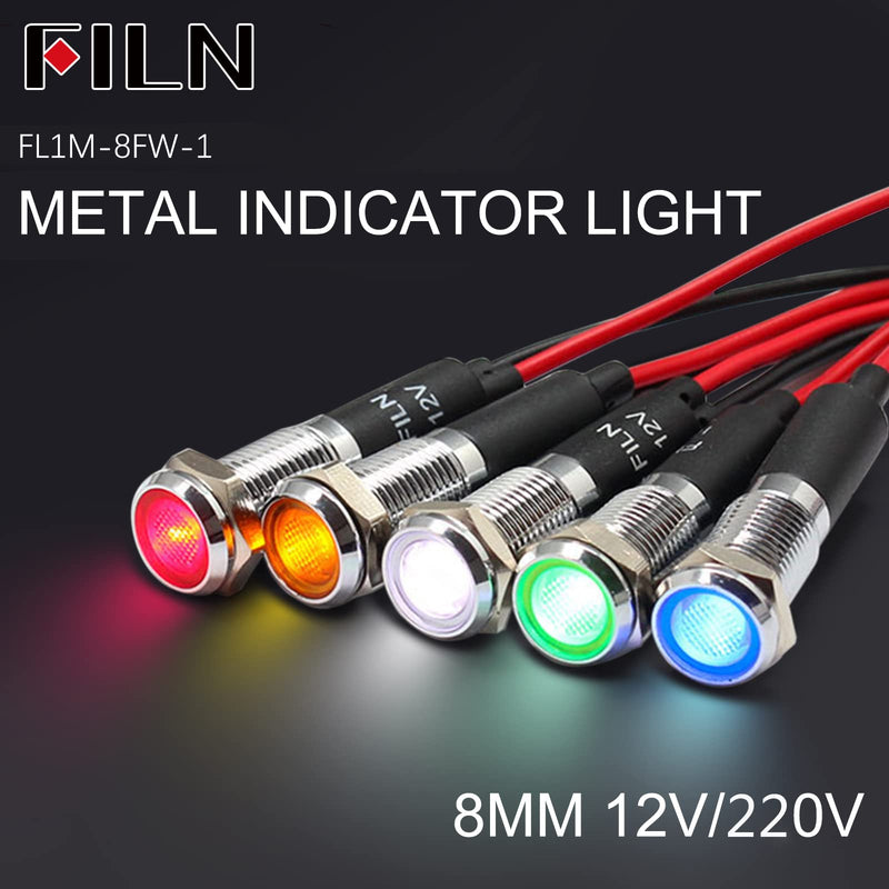 FILN 5 pieces 8 mm (5/16 inch) 12 V LED indicator light, waterproof pilot signal lamp, alarm light, metal panel lights (black, anodised, red5 pieces) red Schwarz eloxiert-12V-5pcs