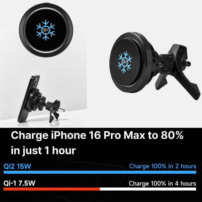 Qi2 Certified 15W Wireless Car Charger with Peltier Cooling, MagSafe Compatible Magnetic Car Mount, Strong N52 Air Vent Phone Holder for iPhone 17/16/15/14 Pro Max, Galaxy S26/S25(Black) Black