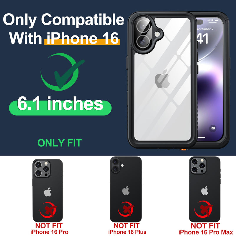 for iPhone 16 Case IP68 Waterproof, Black | Built-in Privacy Screen Protector & HD Screen Protector Shockproof Dustproof Full Body Protection iPhone 16 Phone Case