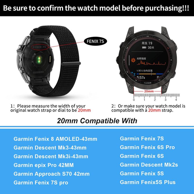 20mm Watch Bands for Garmin Fenix 8 AMOLED-43mm/Fenix 7S Pro/Fenix 7S/Fenix 6S Pro/Fenix 6S,QuickFit Sports Strap for Fenix 5S plus/Fenix 5S/Descent Mk2s/Descent Mk3i-43mm/epix Pro 42MM