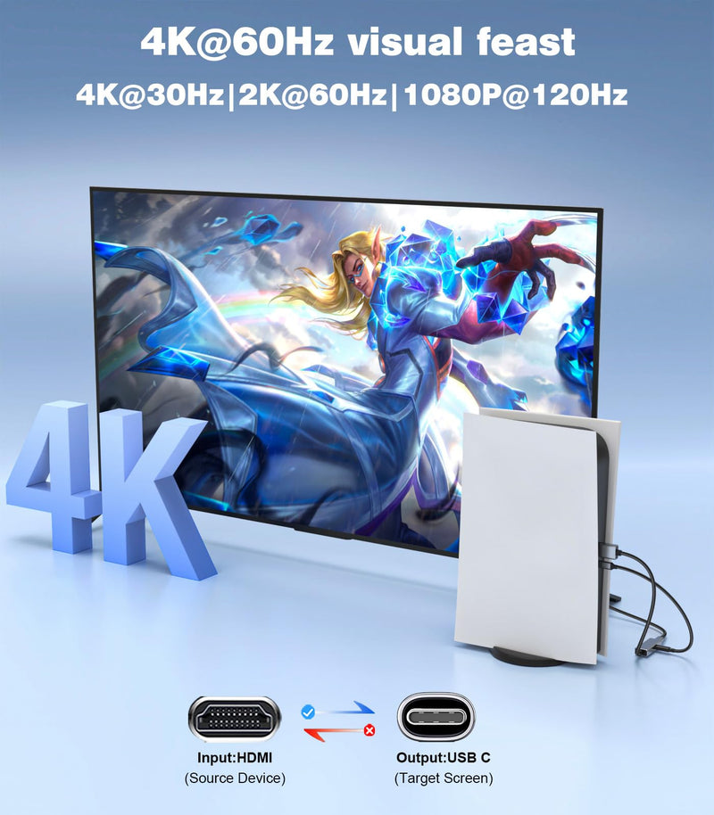 HDMI to USB C Adapter,4K60Hz Uni-Directional HDMI (Source) to USB C (Display) Converter for AR Glasses XREAL One,Air 2 Pro,VITURE Pro,RayNeo Air 2s,PS5,Switch,Xbox,Portable Monitors