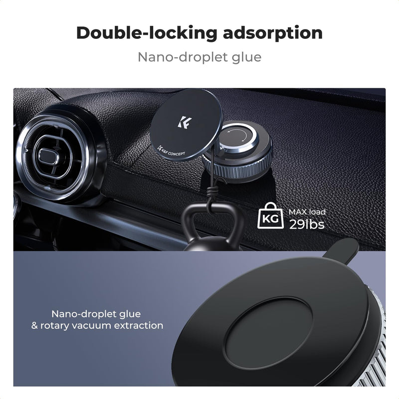 K&F CONCEPT 360° Vacuum Magnetic Car Mount | Foldable & Adjustable Magnetic Phone Holders for Car/Gym/Mirror/Smooth Surface, Compatible with iPhone 17-12, TC07