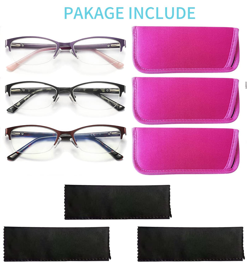 3 Pack Reading Glasses for Women Blue Light Blocking, Metal Oval Half Frame Womens Readers Glass with Spring Hinge, Anti Blue Ray Reduce Eye Strain Glare Headache(150 Magnification Strength) Black Red Purple 1.5x