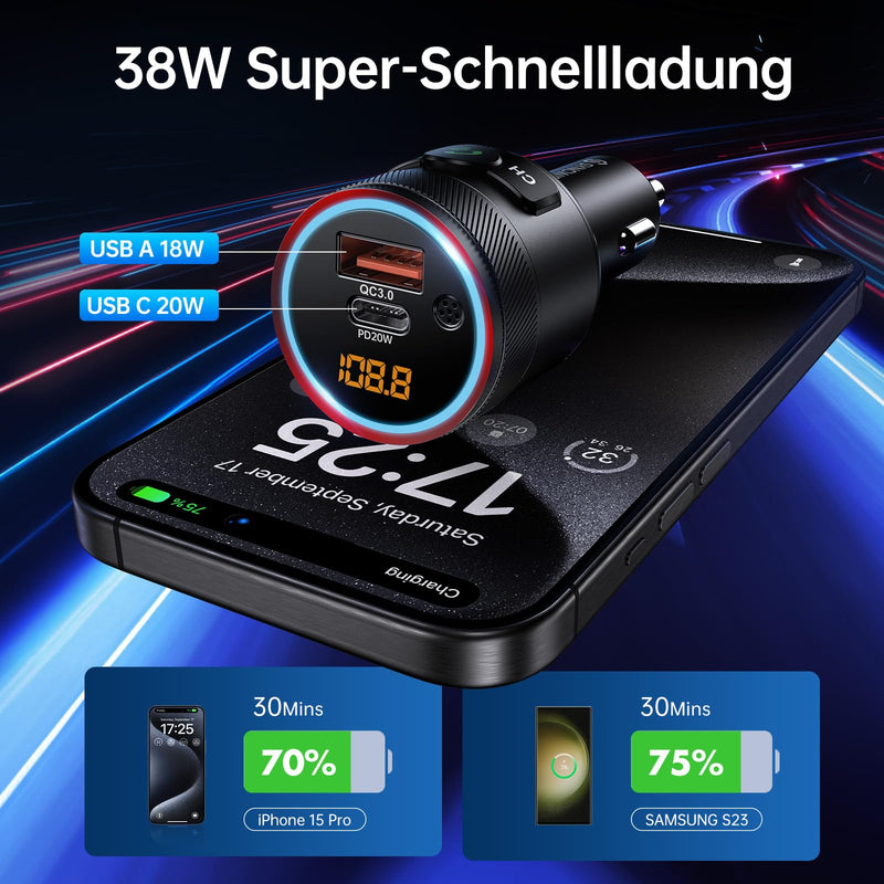 [AUSTRALIA] - Syncwire Bluetooth 5.4 FM Transmitter for Car, 38W PD&QC3.0 Dual USB Charging Bluetooth Car Adapter Microphone & Bass Sound MP3 Music Player FM Kit with Hands-Free Calling Black 