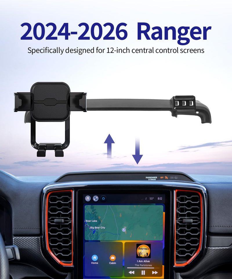 Auto Clamp Car Phone Holder for Ford Ranger 2024-2026, 12" Screen Mount | Universal Mechanical Clip Cell Phone Mount Accessories Fit iPhone Android,Automobile Cradle GPS Dashboard Navigation Bracket