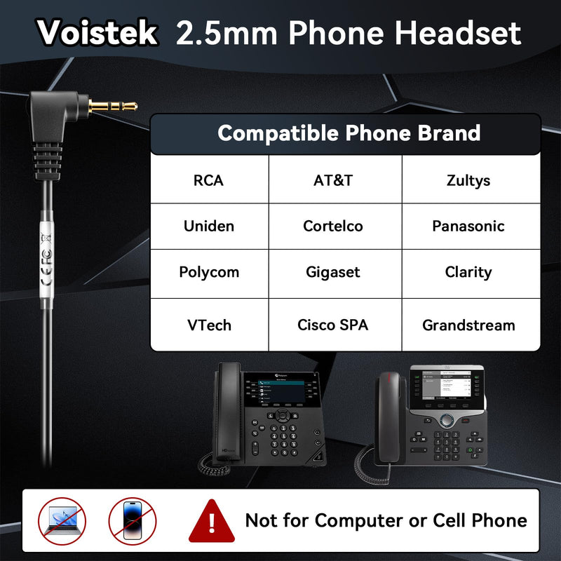 2.5mm Telephone Headset with Noise Canceling Mic & Volume Controls, Office Phone Headset for Call Center Compatible with Panasonic VTech AT&T Uniden RCA Cisco Gigaset etc Cordless Landline Phones Black-Binaural