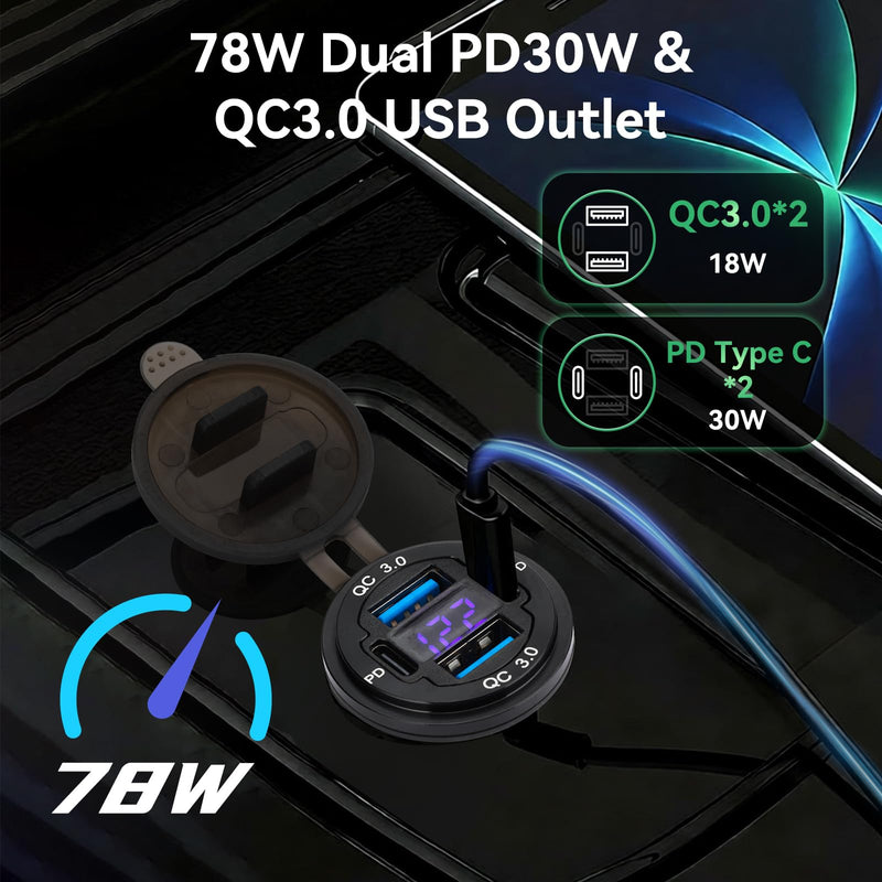 2 Pack 12V USB Outlet 4-Port, 78W Dual PD30W & QC3.0 Fast Charger | Waterproof Aluminum Alloy 12v power outlet with Blue Voltmeter for Cars RVs Boats Golf Carts Trucks Motorcycles 2 pack