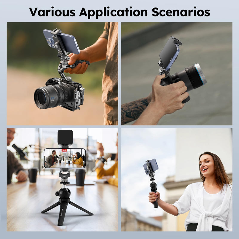 Sirui Metal Phone Holder with Cold Shoe Base for Camera Mount, Universal Tripod Smartphone Clamp with 3 Cold Shoes, Adjustable Cellphone Tripod Mount for iPhone 16 15 14, etc. Gunmetal, AM-PH01