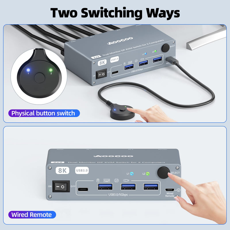 Displayport KVM Switch 2 Computers 2 Monitors, 8K@60Hz/4K@240Hz Dual Monitor KVM Switch for 2 PCs Share 2 Monitors, with 4 USB3.0 Ports, USB Cables and Power Adapter,Grey 12cm DP KVM Grey 12 cm DP 2 in 2 Out