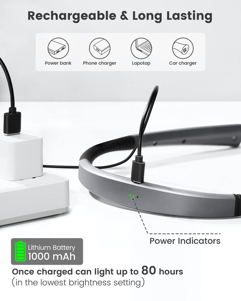 Glocusent Upgraded LED Neck Reading Light, Eye Caring Book Light for Reading in Bed, 30-min Timer, 3 Colors & 3 Brightness, Rechargeable & Long Lasting, Perfect for Reading, Knitting & Repairing Upgrade-grey