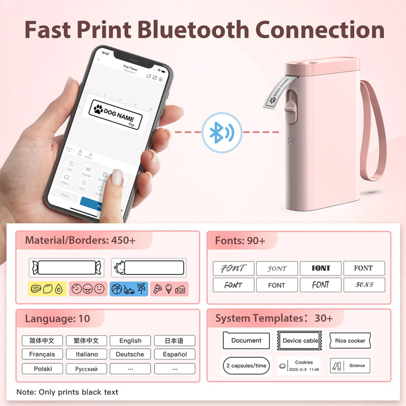 P21 Label Maker Machine with Tape, Bluetooth Label Printer Thermal Mini Label Makers with Built-in Cutter and Multiple Templates, Portable Printers for School, Office, Home Use - Pink
