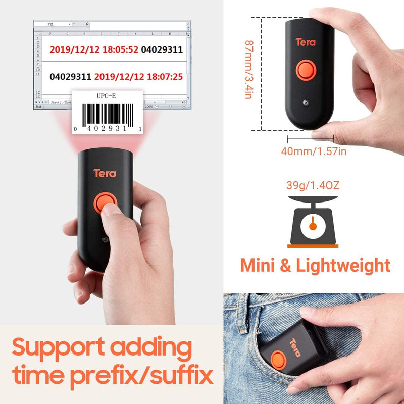 Tera Mini 1D 2D QR Wireless Barcode Scanner, Waterproof Shockproof Pocket Scanner, 3-in-1 BT & USB Wired & 2.4G Bar Code Reader Portable Image Scanner Work with iOS, Windows, Android 1100D 2D Mini Orange