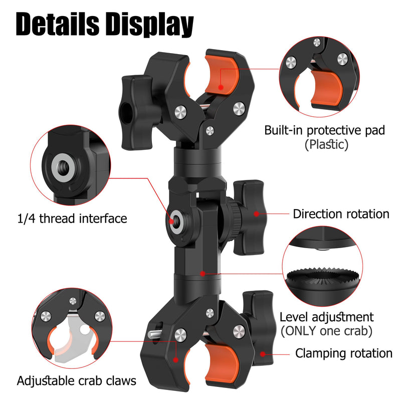 Double Clamp Mount Bracket Magic Arm with 1/4" Screw Interface, Double Super Camera Umbrella Clamp for Chair, Strollers, Photo Studio Light Stand, Motorcycle, Poles, Photography Reflector, Flag