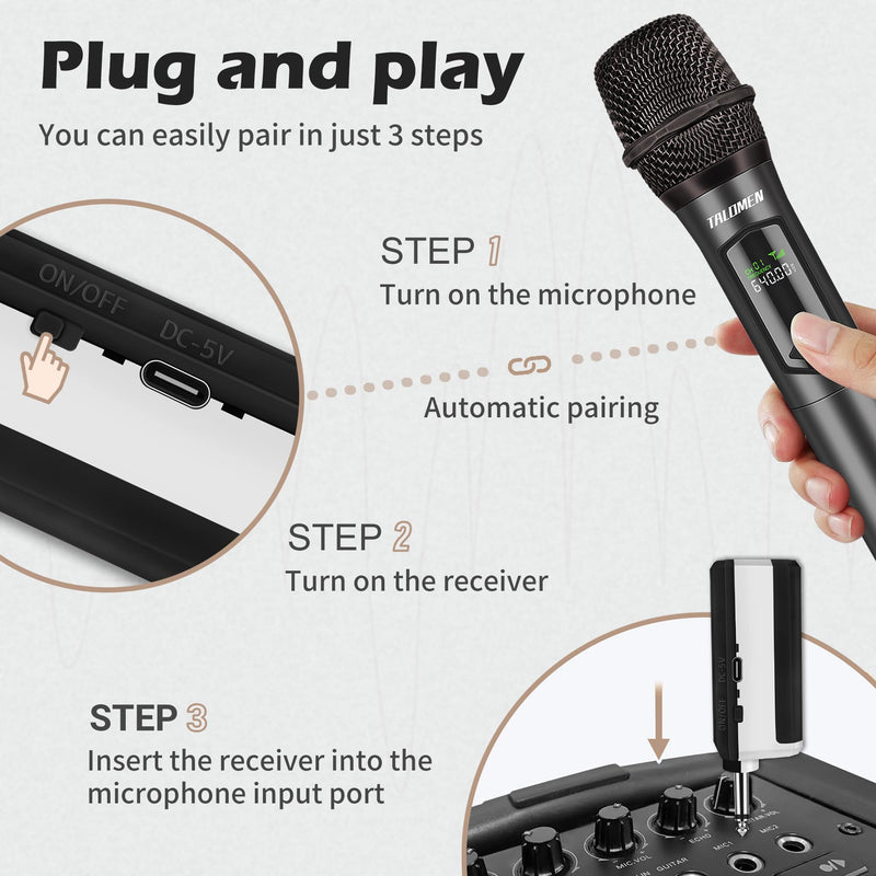 Wireless Microphone,Professional Handheld Cordless Dynamic Mic System with Rechargeable Receiver(160 Ft),Karaoke Microphone Set for Singing,Karaoke,Wedding,DJ,Party,Speech,Church,PA,K60-1 Gray